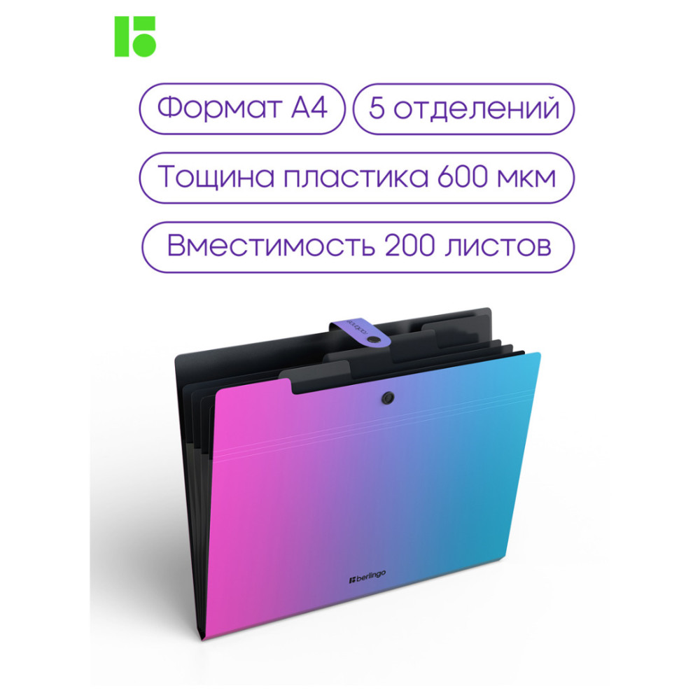 Папка-конверт Berlingo Radiance на кнопке - 5 отделений - А4 Папка-конверт Berlingo Radiance на кнопке - 5 отделений - А4