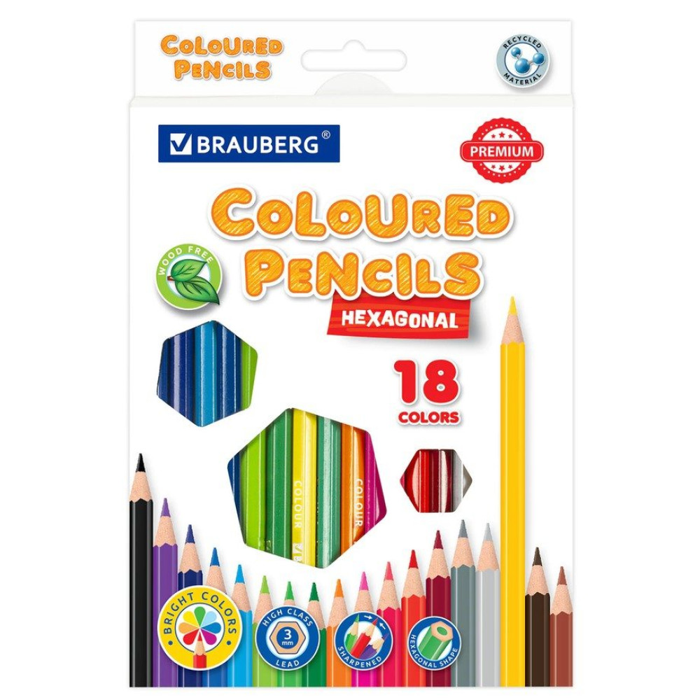 Набор цветных карандашей Brauberg Premium - 18 цветов - Шестигранные Набор цветных карандашей Brauberg Premium - 18 цветов - Шестигранные