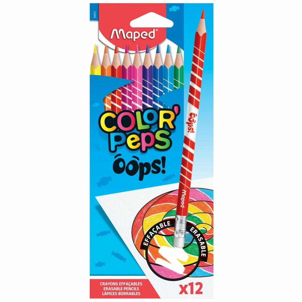 Набор цветных карандашей Maped Color Peps Oops с ластиком - 12 цветов - Трехгранные Набор цветных карандашей Maped Color Peps Oops с ластиком - 12 цветов - Трехгранные
