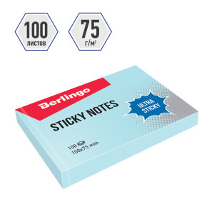 Липкий блок Berlingo Ultra Sticky - 75*100 мм - 100 листов - Голубой пастель