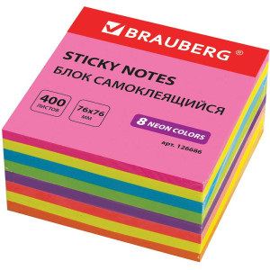 Липкий блок для заметок Brauberg Неоновый - 76*76 мм - 400 листов - 8 цветов