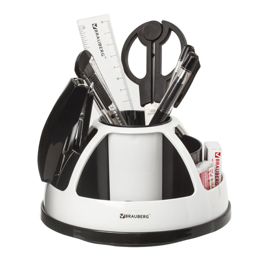 Набор настольный вращающийся Brauberg - 10 предметов - Пластик - Черно-белый Набор настольный вращающийся Brauberg - 10 предметов - Пластик - Черно-белый