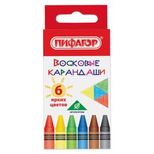 Мелки восковые Пифагор Солнышко - 6 цветов - Закругленные
