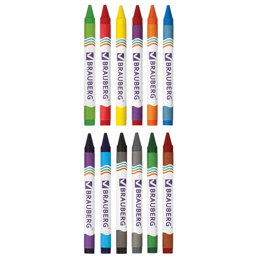 Мелки восковые Brauberg - 12 цветов - Закругленные Мелки восковые Brauberg - 12 цветов - Закругленные
