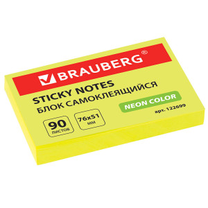 Липкий блок Brauberg - 76*51 мм - 100 листов - Желтый неон