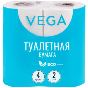 Бумага туалетная Vega - 2х слойная - 4 рулона - Белая