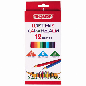 Набор цветных карандашей Пифагор Веселая Такса - 12 цветов - Шестигранные