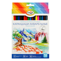 Набор цветных карандашей акварельных Гамма Классические с кистью - 18 цветов Набор цветных карандашей акварельных Гамма Классические с кистью - 18 цветов