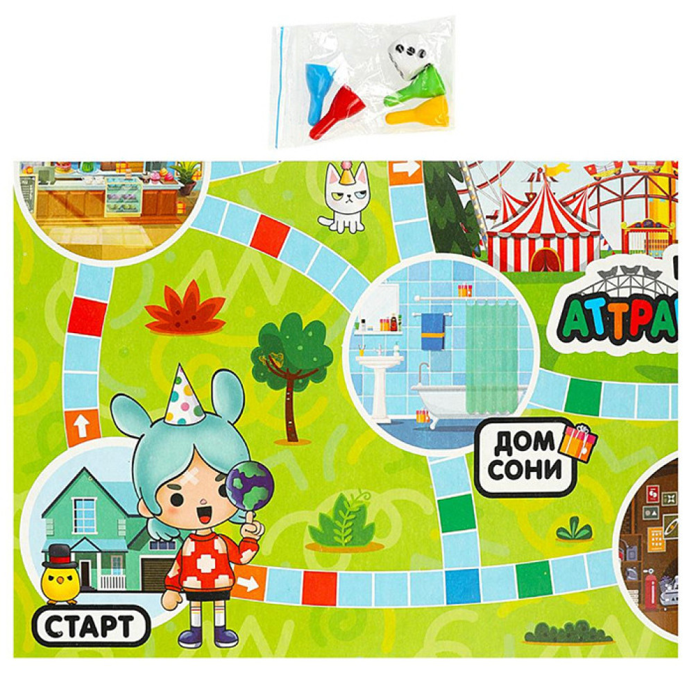 Настольная игра ходилка Приключения в стиле Toca Life с фишками - 1 шт Настольная игра ходилка Приключения в стиле Toca Life с фишками - 1 шт