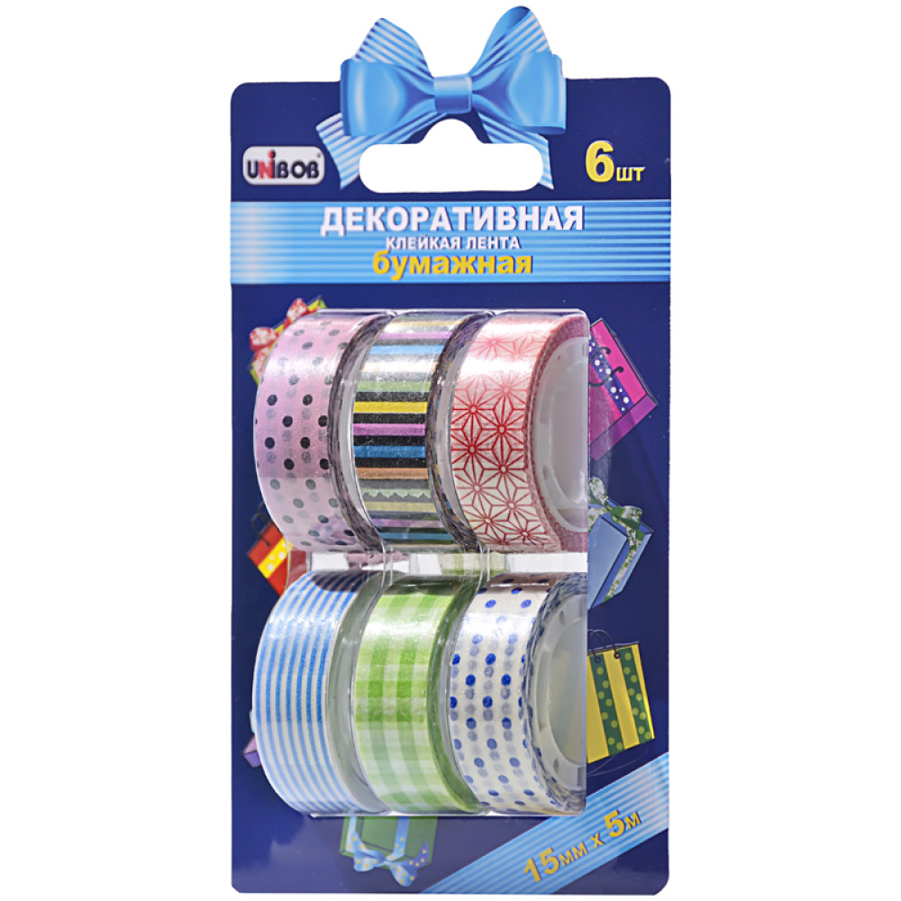 Клейкая лента декоративная Unibob - 15 мм - 5 м - 6 штук Клейкая лента декоративная Unibob - 15 мм - 5 м - 6 штук