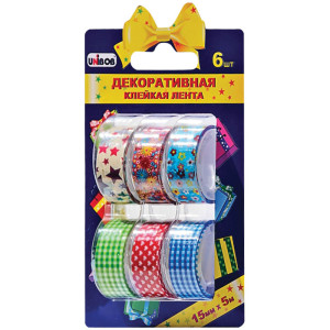 Клейкая лента декоративная Unibob - 15 мм - 5 м - 6 штук