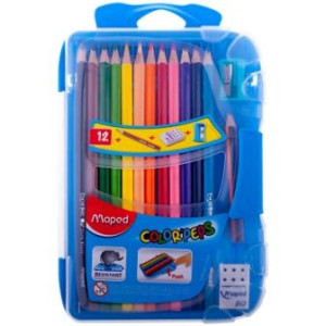 Карандаши Maped Color Peps - 12 цветов и 1 мини чернографитный карандаш - Трехгранные - Заточенные - Пластиковый пенал - Точилка - Ластик