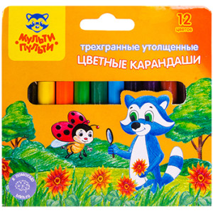 Карандаши цветные Мульти-Пульти Еноты на лугу - Утолщенные - Заточены - 12 штук